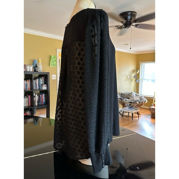 Skies Are Blue Black Knit Clip Dot Sheer Back Chiffon Sleeves Button Cuff Blouse - Picture 3 of 12